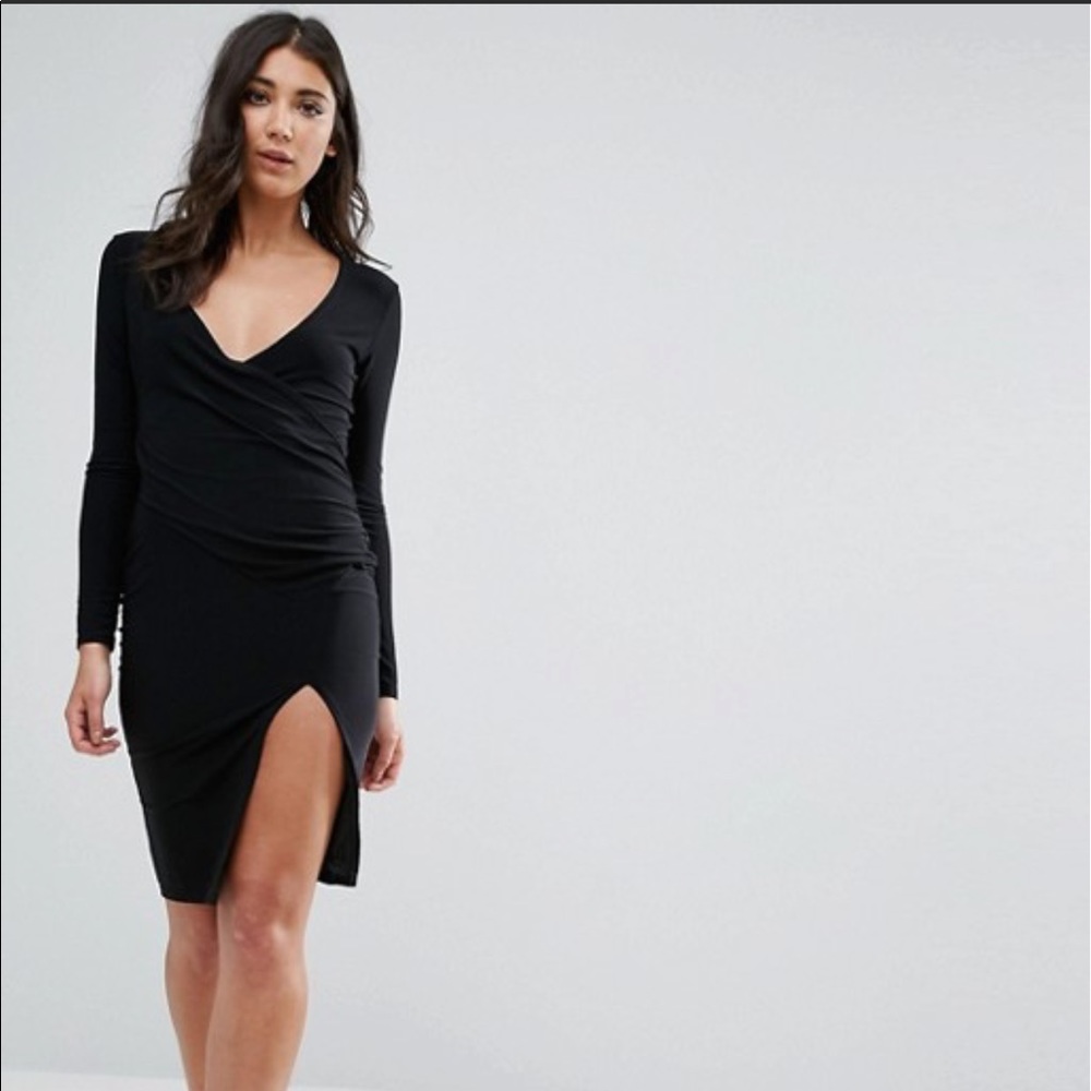 Long sleeved blk dress wrap slit hem midi dress